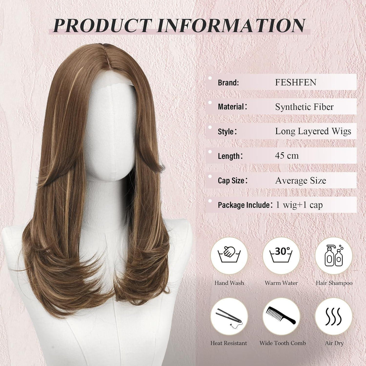 Braune & Blonde Lace Front Perücke mit Pony, 45cm lang