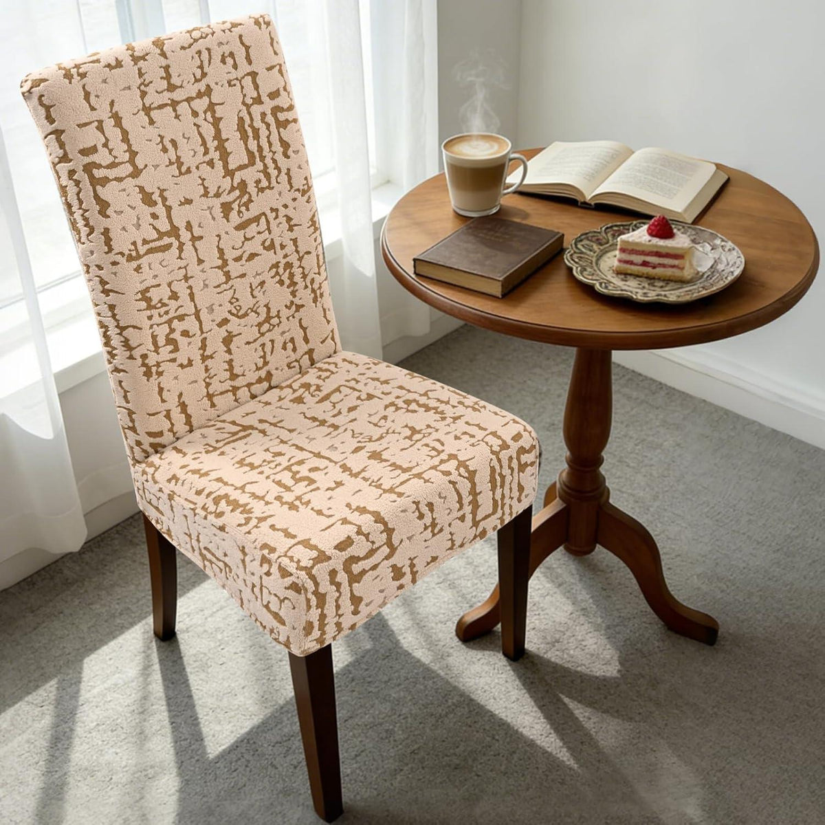 Stretch Stuhlhussen 6er Set – Camel | Jacquard, Waschbar