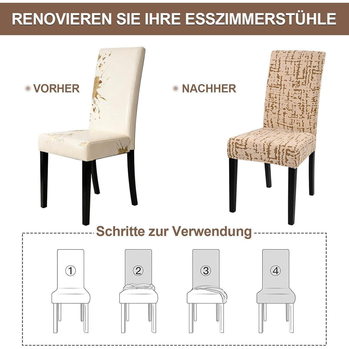 Stretch Stuhlhussen 6er Set – Camel | Jacquard, Waschbar