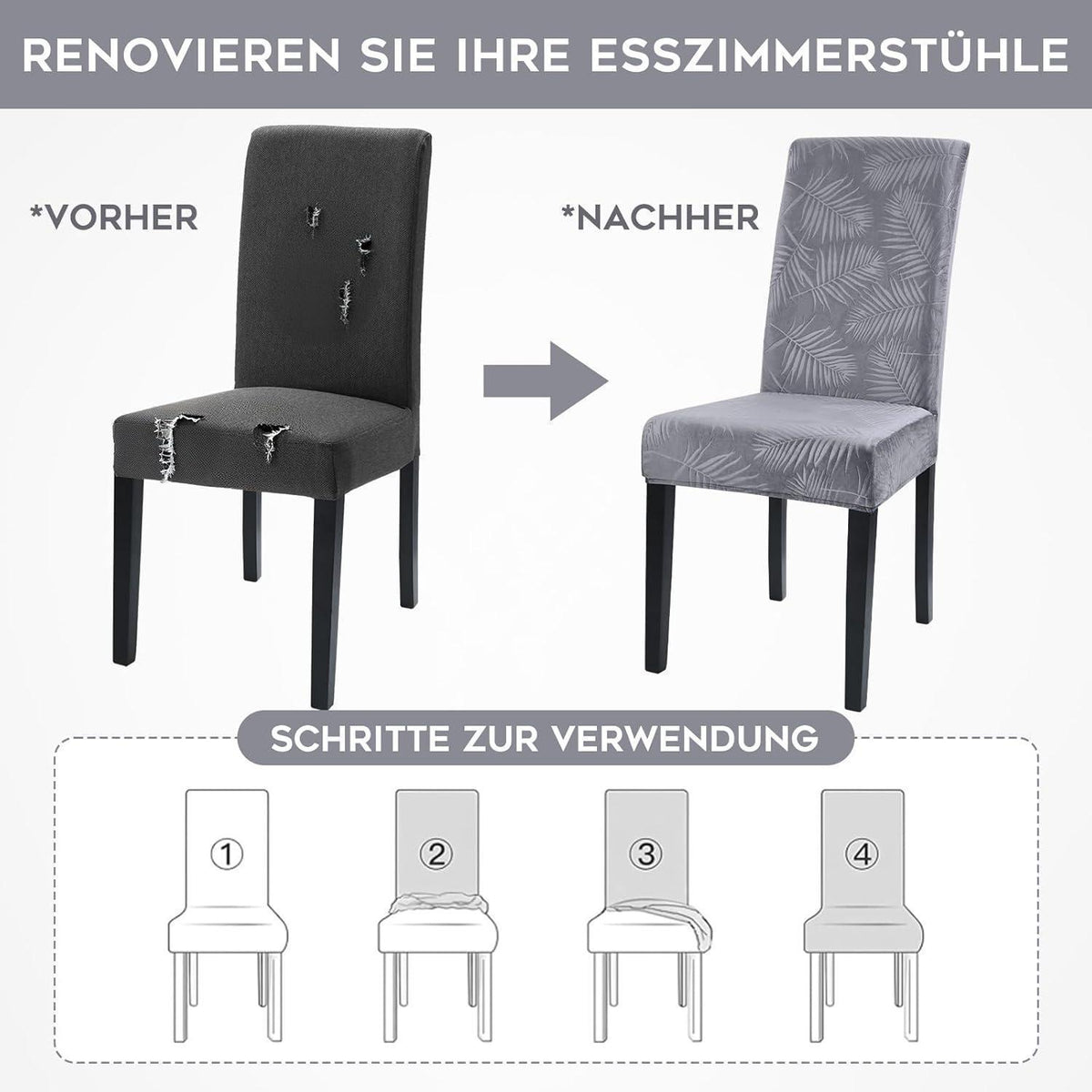 Stretch Stuhlhussen 6er Set – Hellgrau, Kurzflor