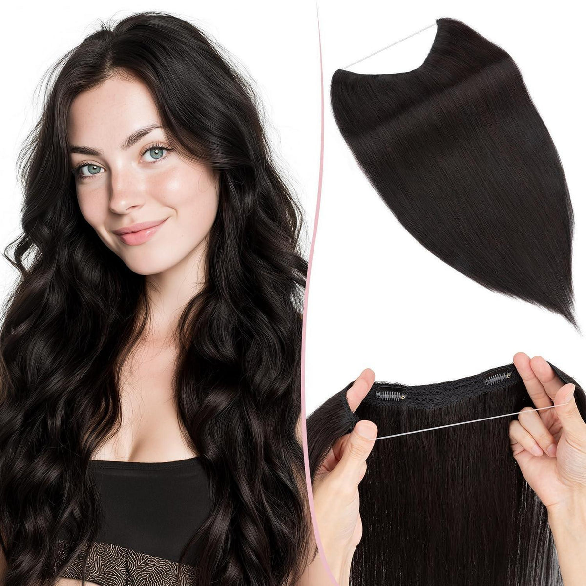 Remy Echthaar Extension - Unsichtbare Tresse, 45cm, #1B