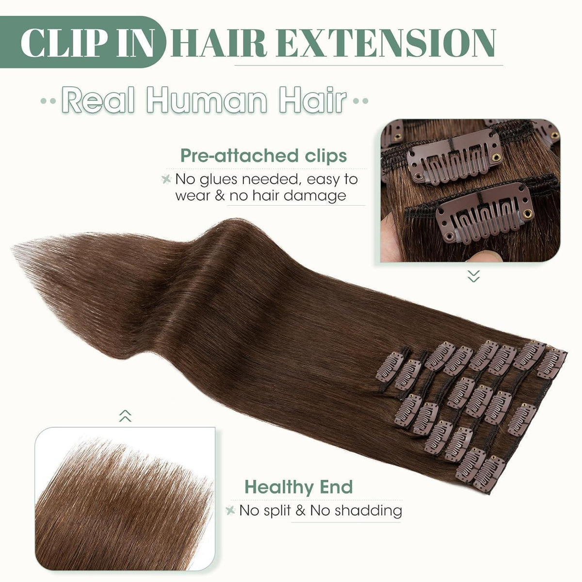 Echthaar Clip-Ins Mittelbraun #4 – 50cm, 8 Strähnen