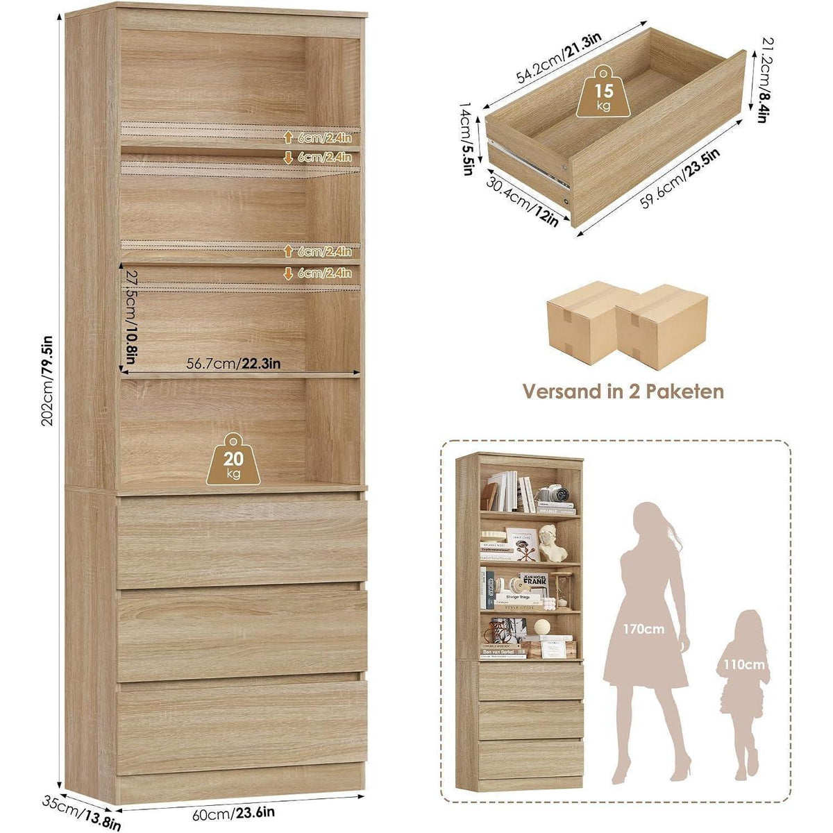 Bücherregal Hochschrank mit Schubladen & Ablagen – Eiche
