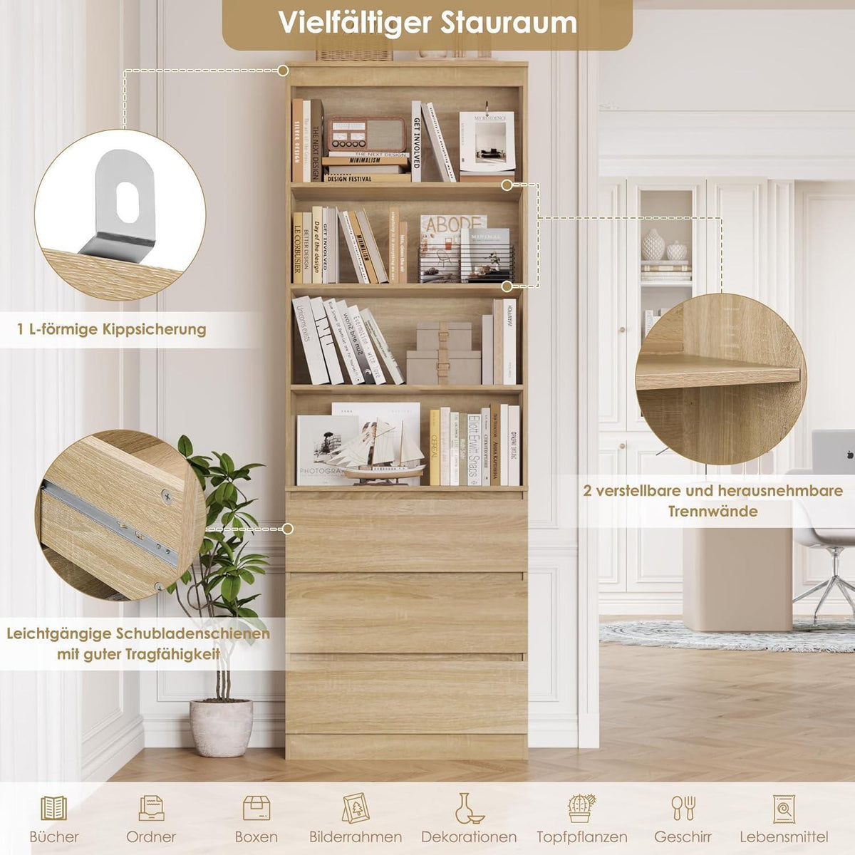 Bücherregal Hochschrank mit Schubladen & Ablagen – Eiche