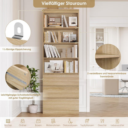Bücherregal Hochschrank mit Schubladen & Ablagen – Eiche