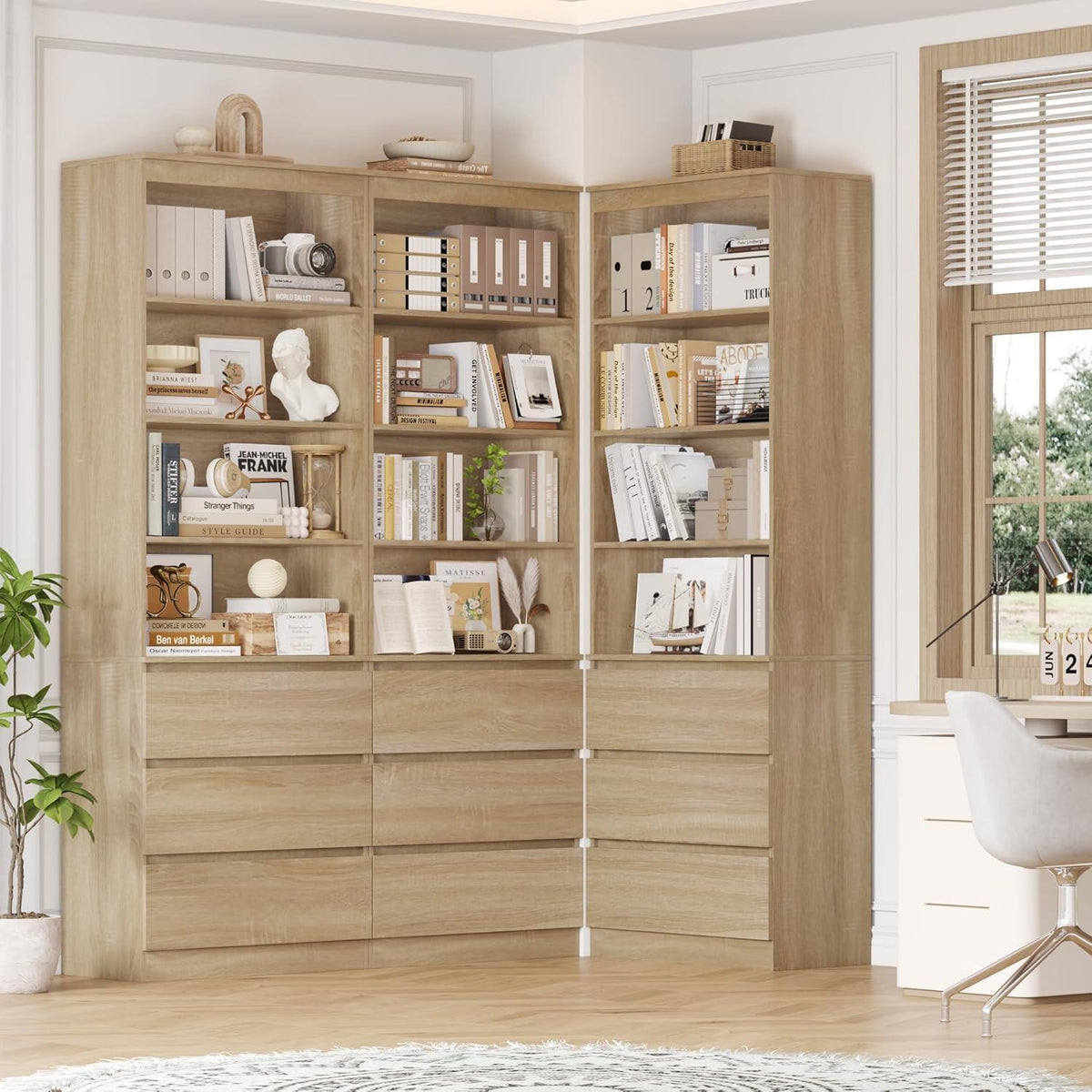 Bücherregal Hochschrank mit Schubladen & Ablagen – Eiche