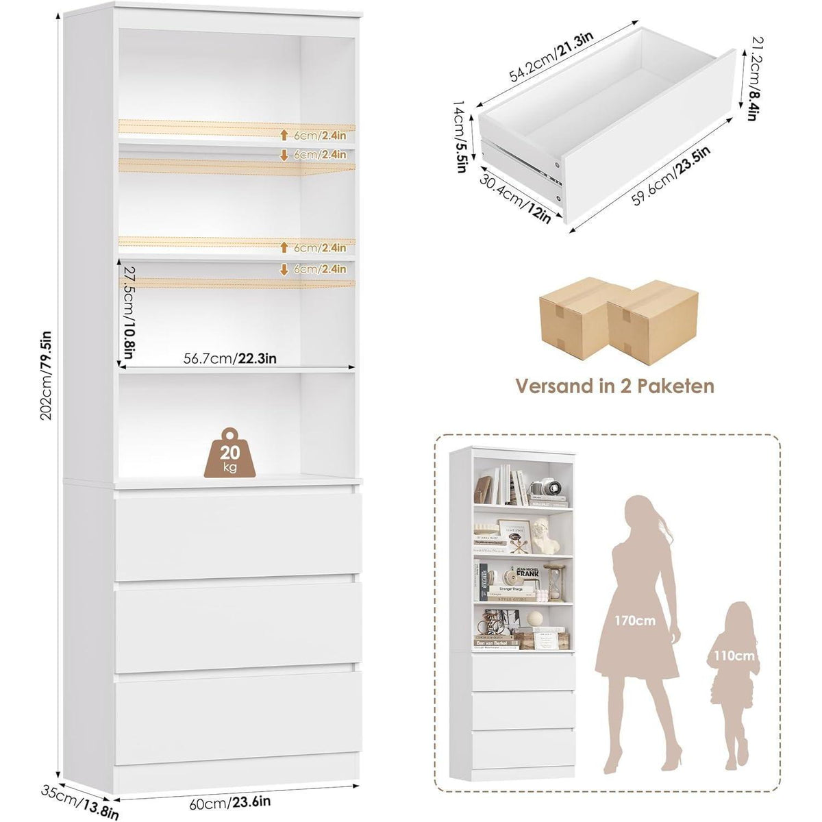Bücherregal Hochschrank mit Schubladen & verstellbaren Ablagen
