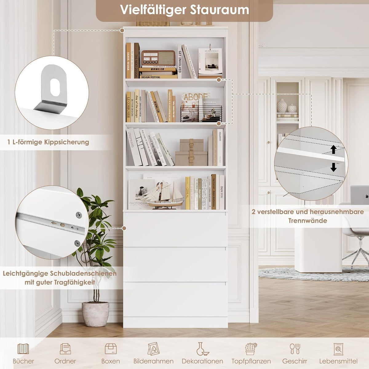 Bücherregal Hochschrank mit Schubladen & verstellbaren Ablagen