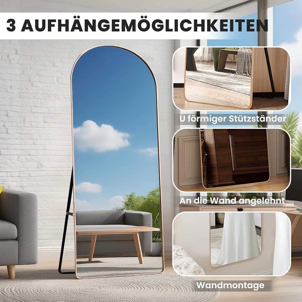 Ganzkörperspiegel 168x60cm, Gold – Gehärtetes Glas, Moderner Stil