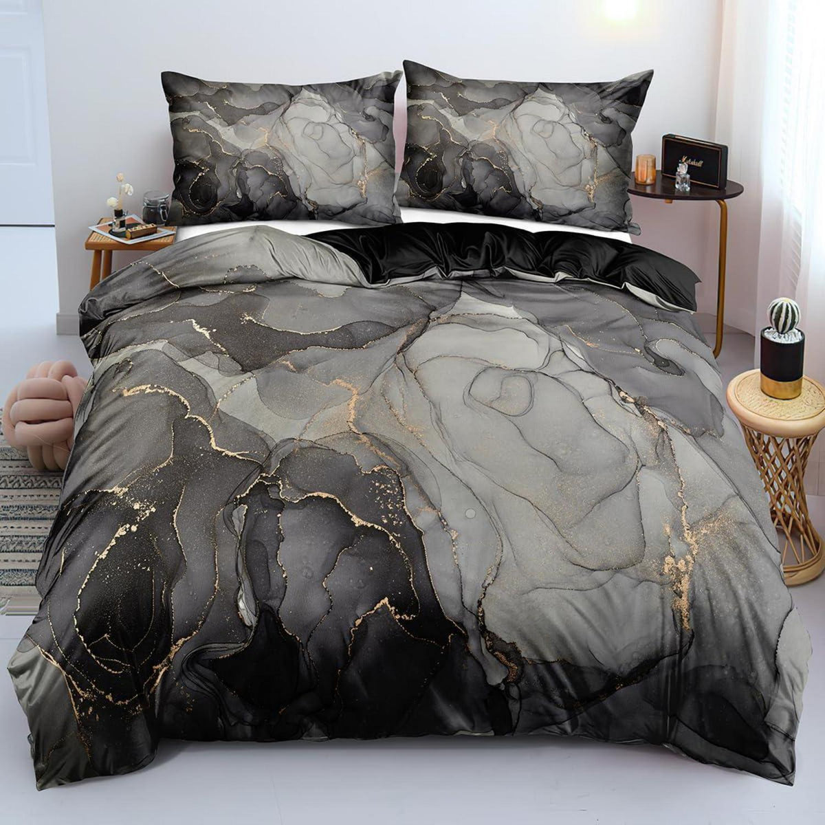 Marmor Bettwäsche Set 135x200 cm, 4-teilig, Schwarz