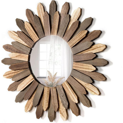 Runder Wandspiegel Holz 53cm – Boho Deko für Wohnzimmer & Bad