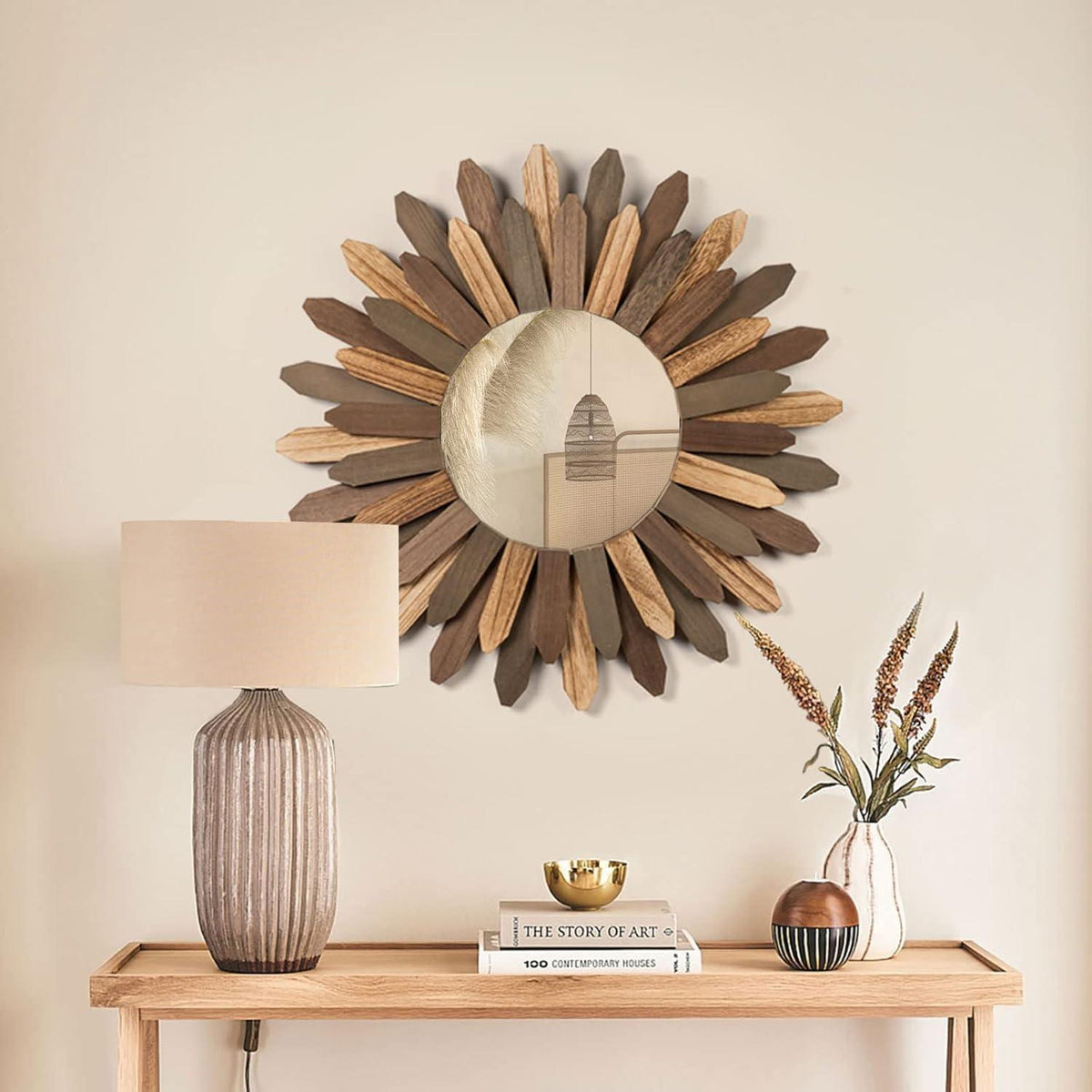 Runder Wandspiegel Holz 53cm – Boho Deko für Wohnzimmer & Bad