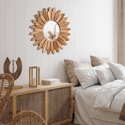 Runder Wandspiegel Holz 53cm – Boho Deko für Wohnzimmer & Bad