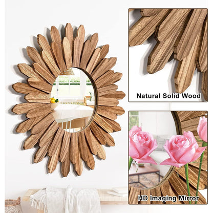 Runder Wandspiegel Holz 53cm – Boho Deko für Wohnzimmer & Bad