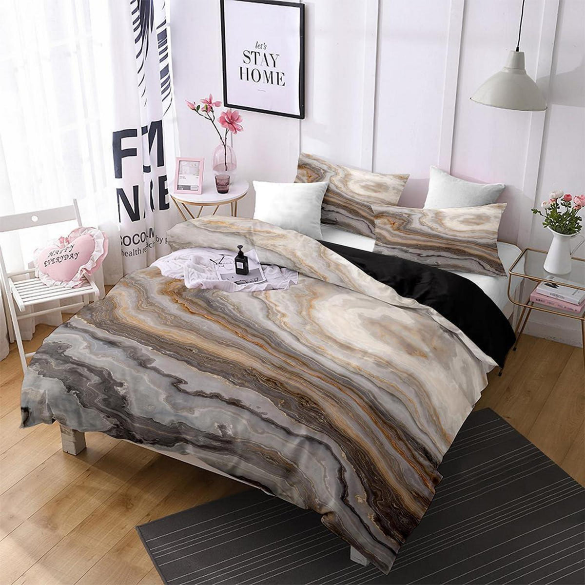 Marmor Bettwäsche Set 135x200 Braun Mikrofaser 4tlg.