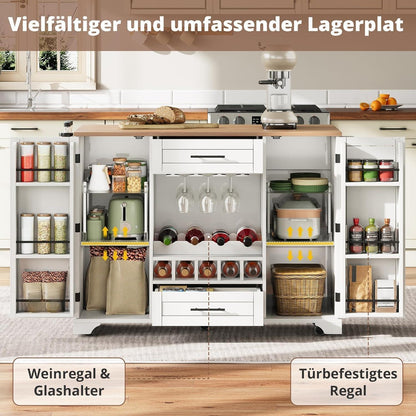 Kücheninsel mit Klappplatte & Weinregal – Weiß 138x45x92cm
