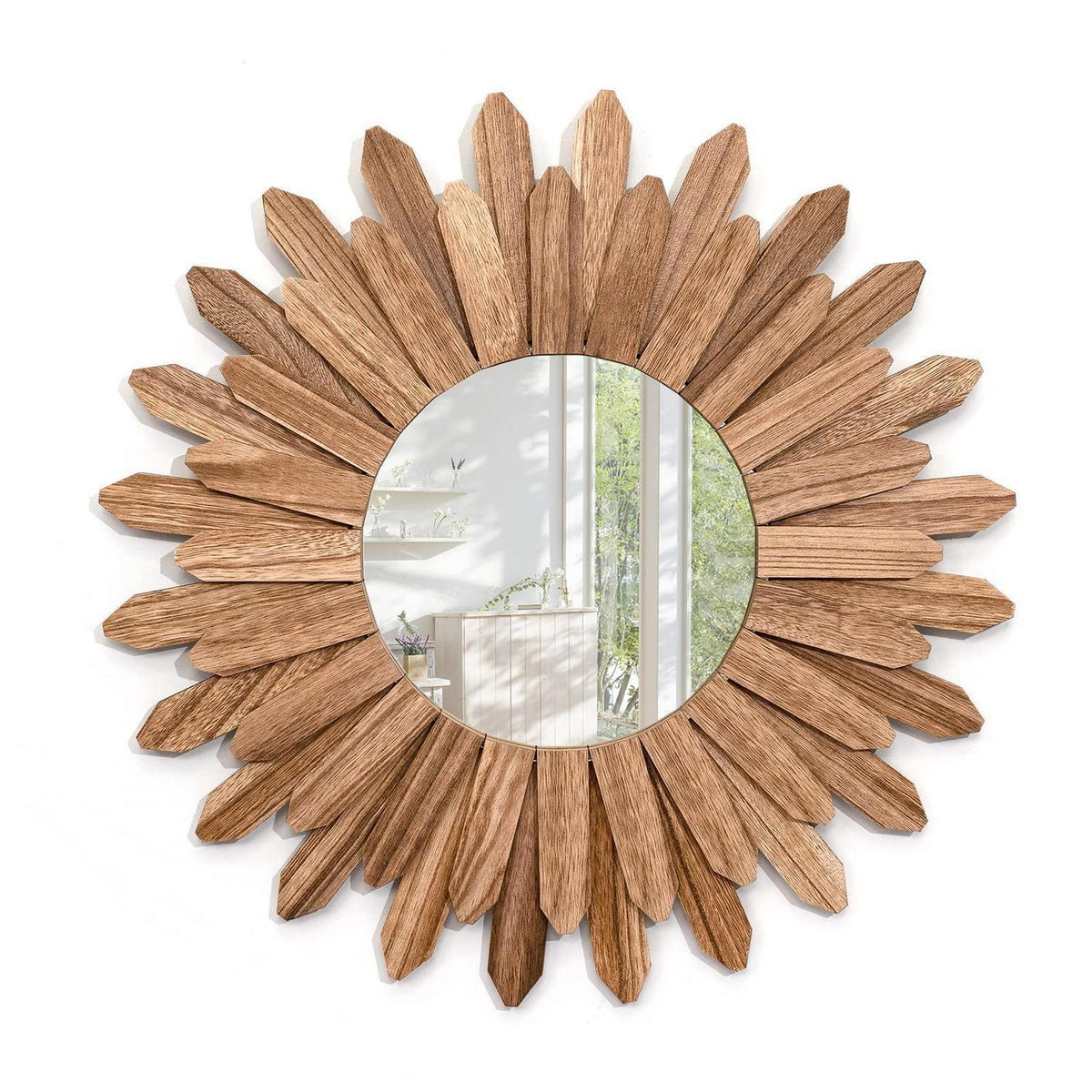 Boho Wandspiegel Holz rund – Dekorative Wanddeko Vintage Braun