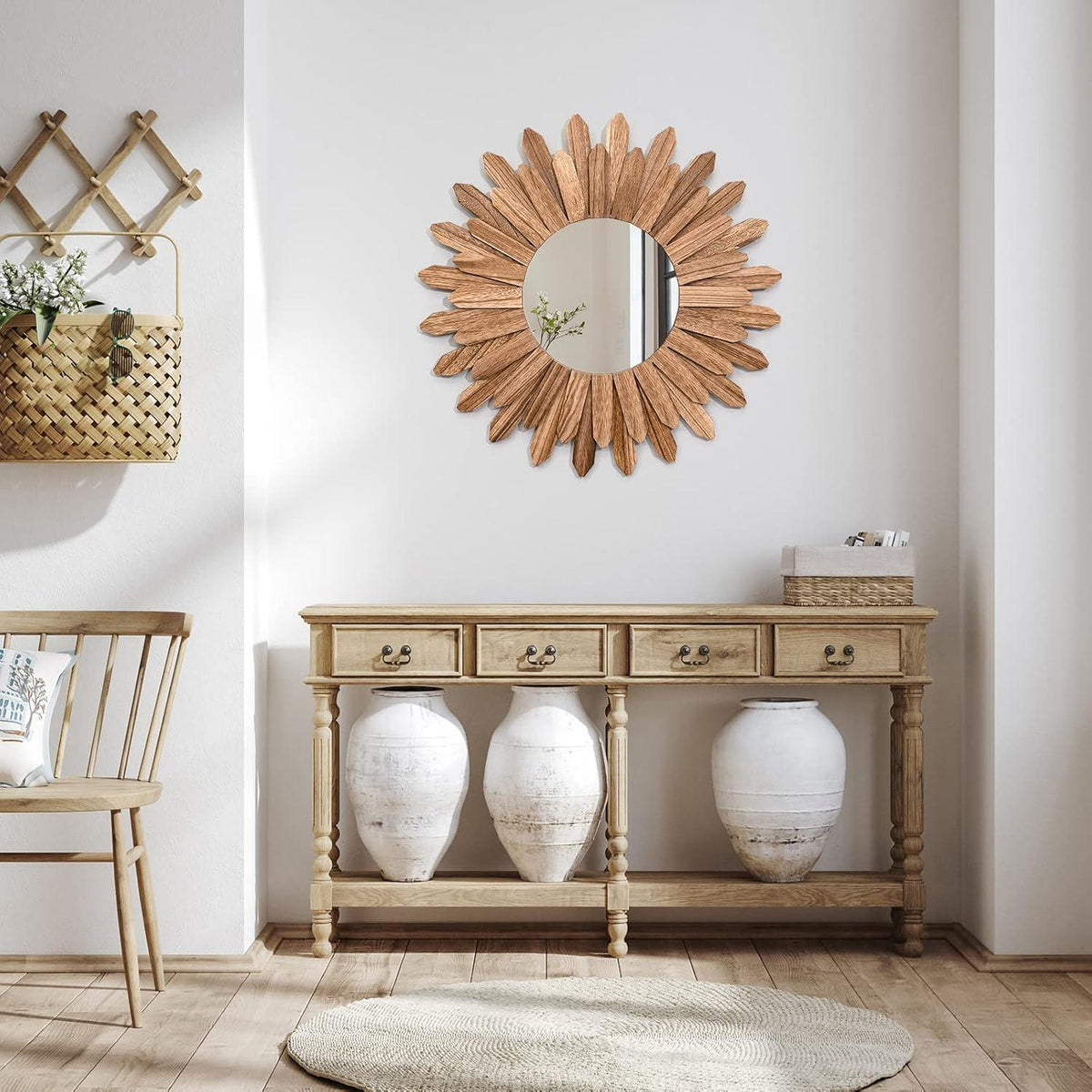 Boho Wandspiegel Holz rund – Dekorative Wanddeko Vintage Braun
