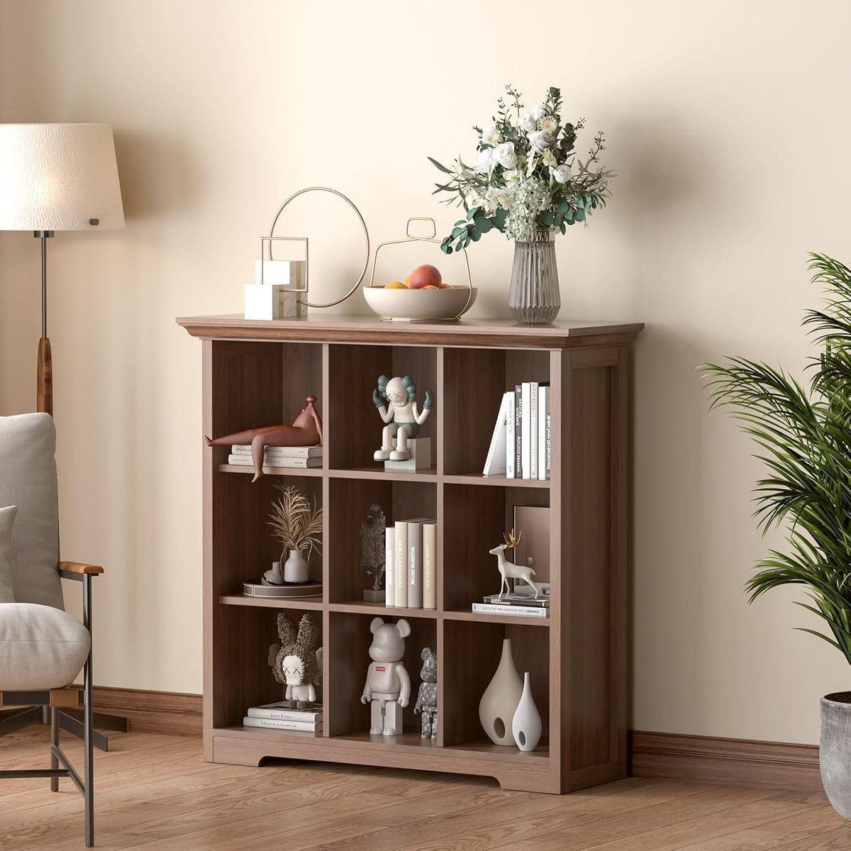 OSCHF 9-Fächers Bücherregal mit Sockel – Modernes Holzregal Walnuss