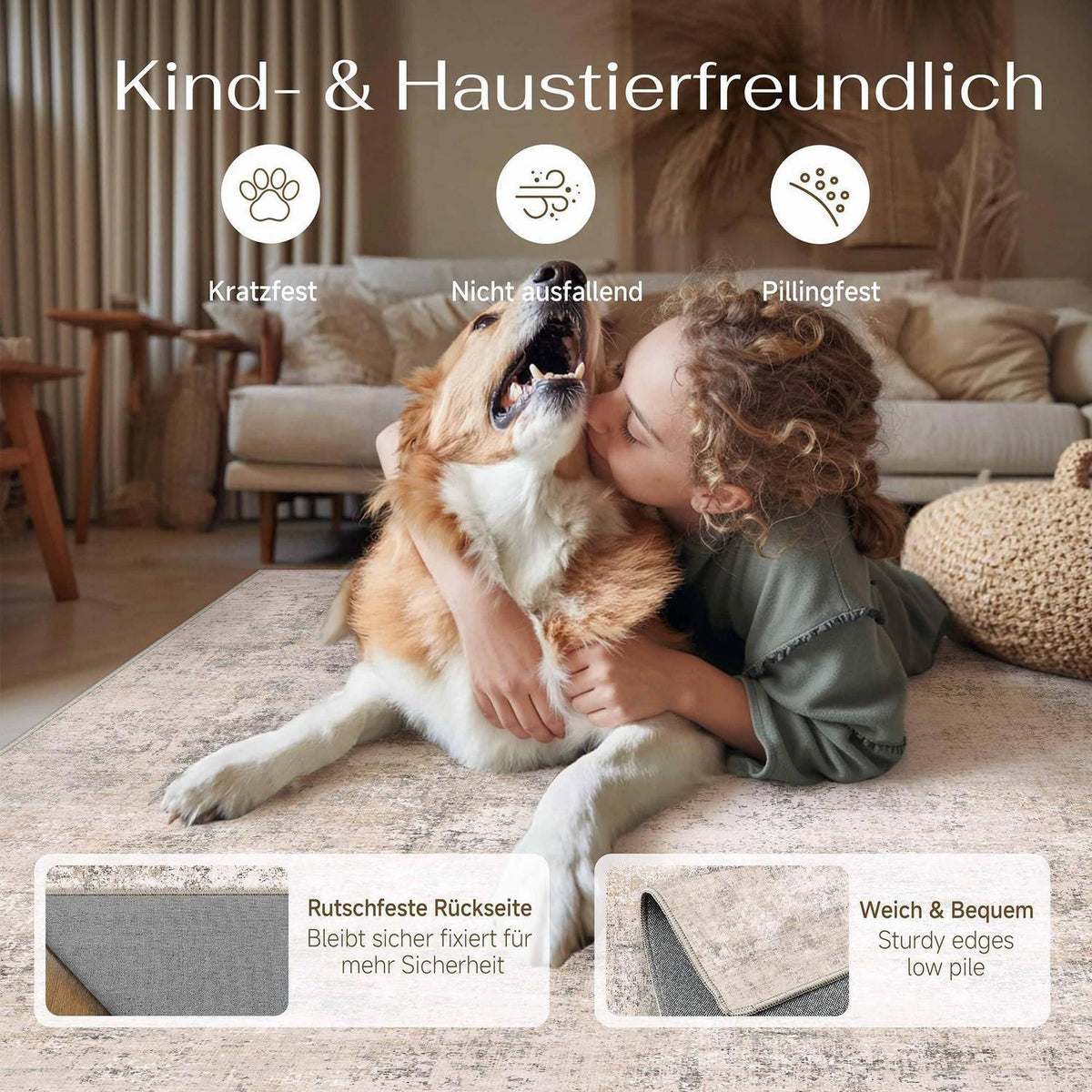 Abstrakt Wohnzimmer Teppich Creme 150x210cm Waschbar Rechteckig