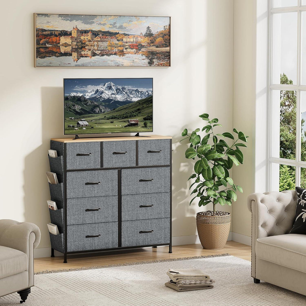 Kommode mit 9 Schubladen – Stoff & Metall, Grau
