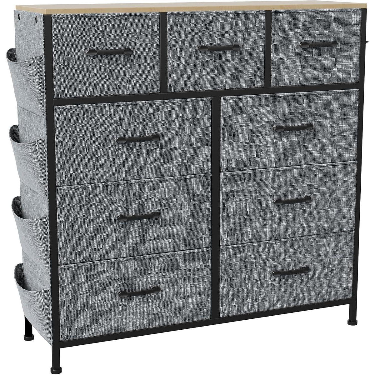 Kommode mit 9 Schubladen – Stoff & Metall, Grau
