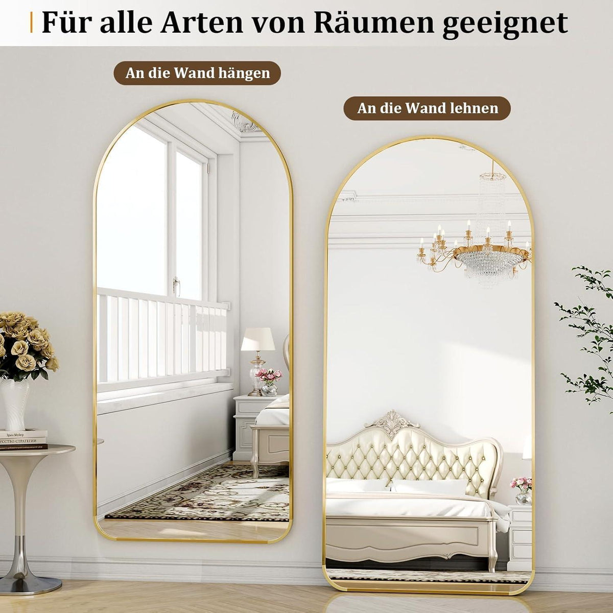 Großer Ganzkörperspiegel mit Runden Ecken – Stehend, Hängend, Gold