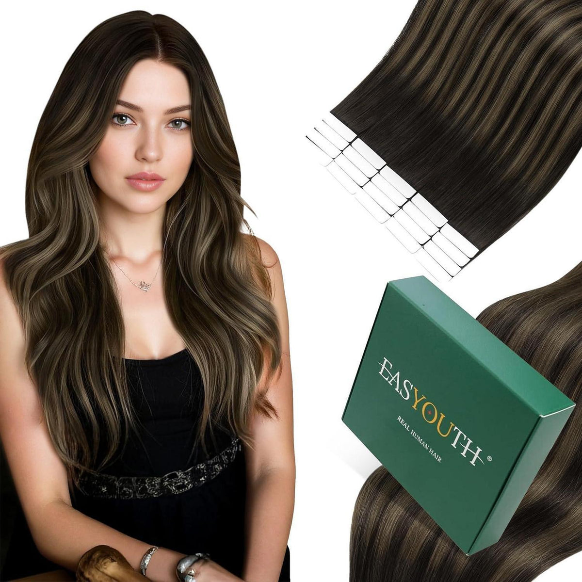 Echthaar Tape Extensions Braun Ombre 55cm - Remy Menschenhaar