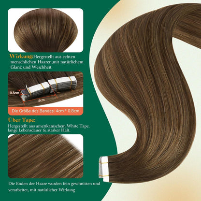 Echthaar Tape Extensions Braun Ombre 55cm - Remy Menschenhaar