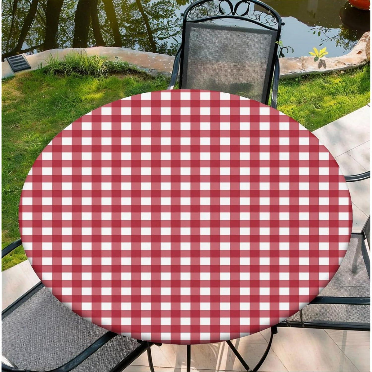 Runde Outdoor Tischdecke wasserdicht Rot Kariert 110 cm