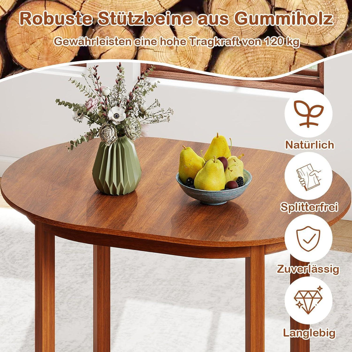 Ovaler Esstisch aus Gummibaumholz – Modern & Vielseitig (100x78cm)