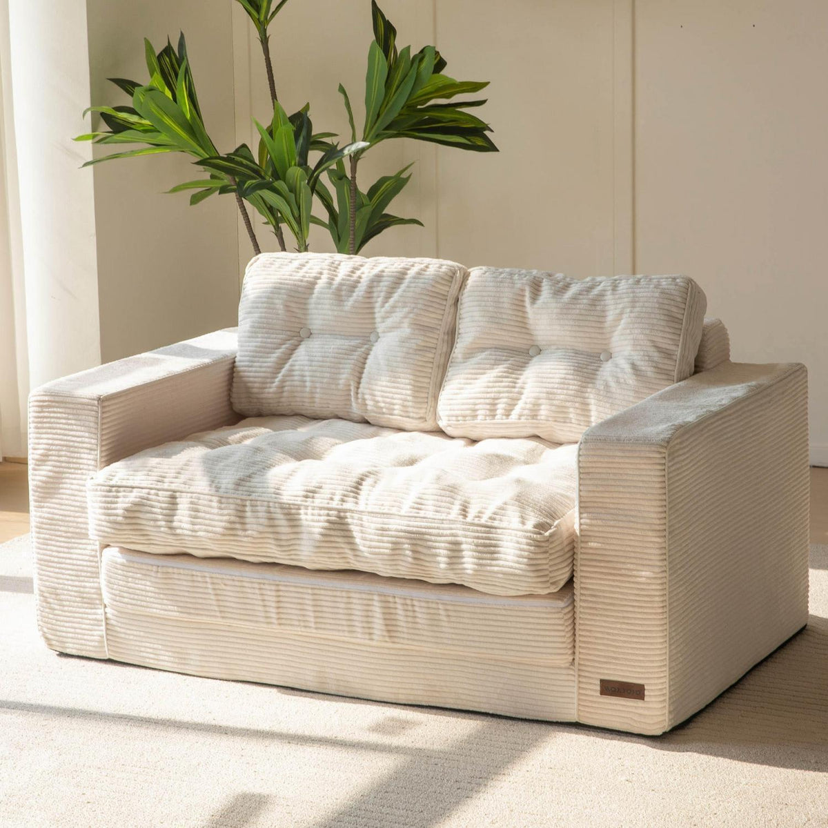 Cremefarbenes Cord Schlafsofa 140cm – 2-Sitzer mit Liegefläche