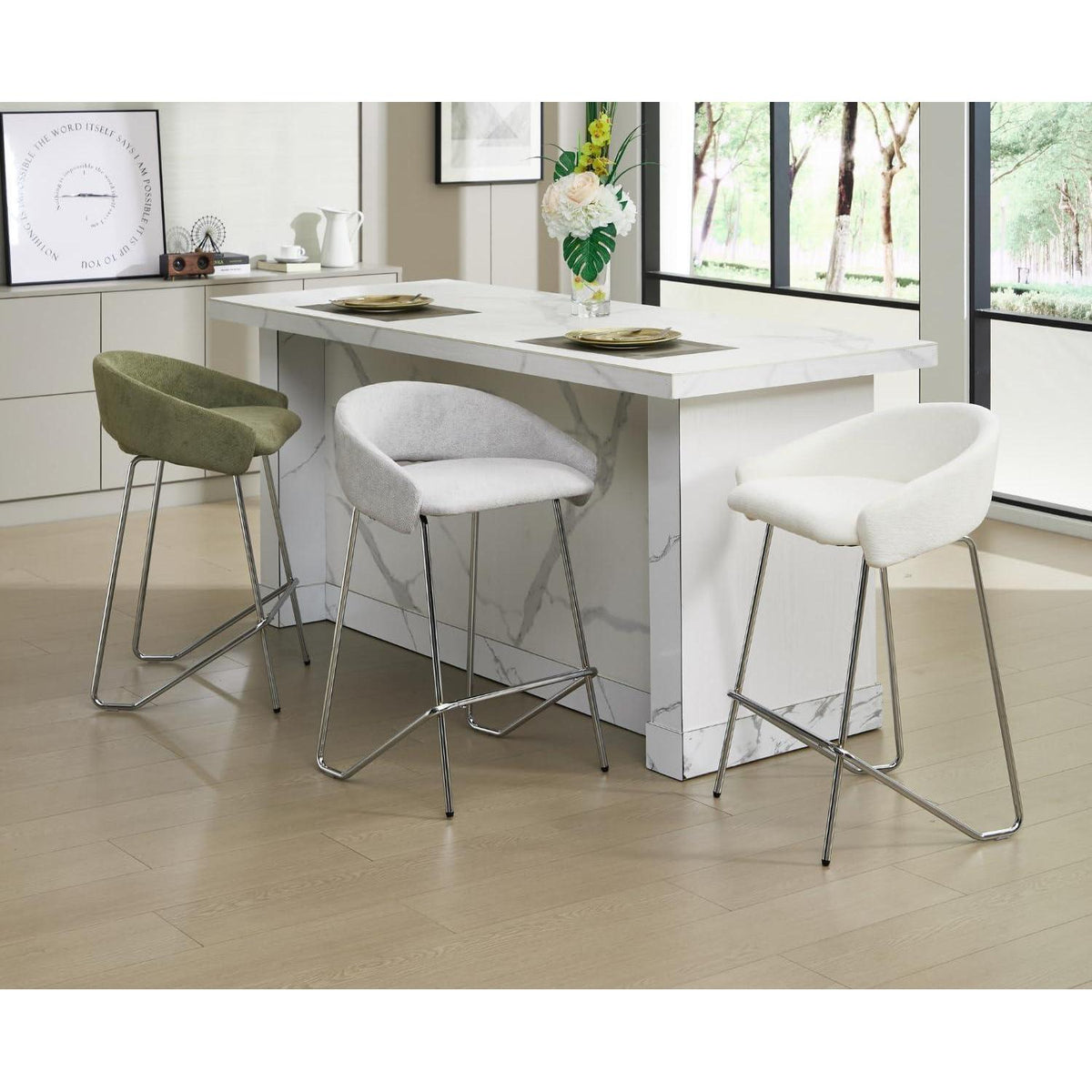 Moderner Barhocker 2er Set mit Chenille-Polsterung, Weiß