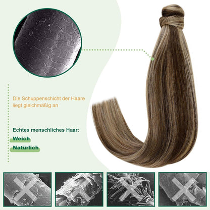 Echthaar Zopf Extension Braun mit Honigblond Highlights