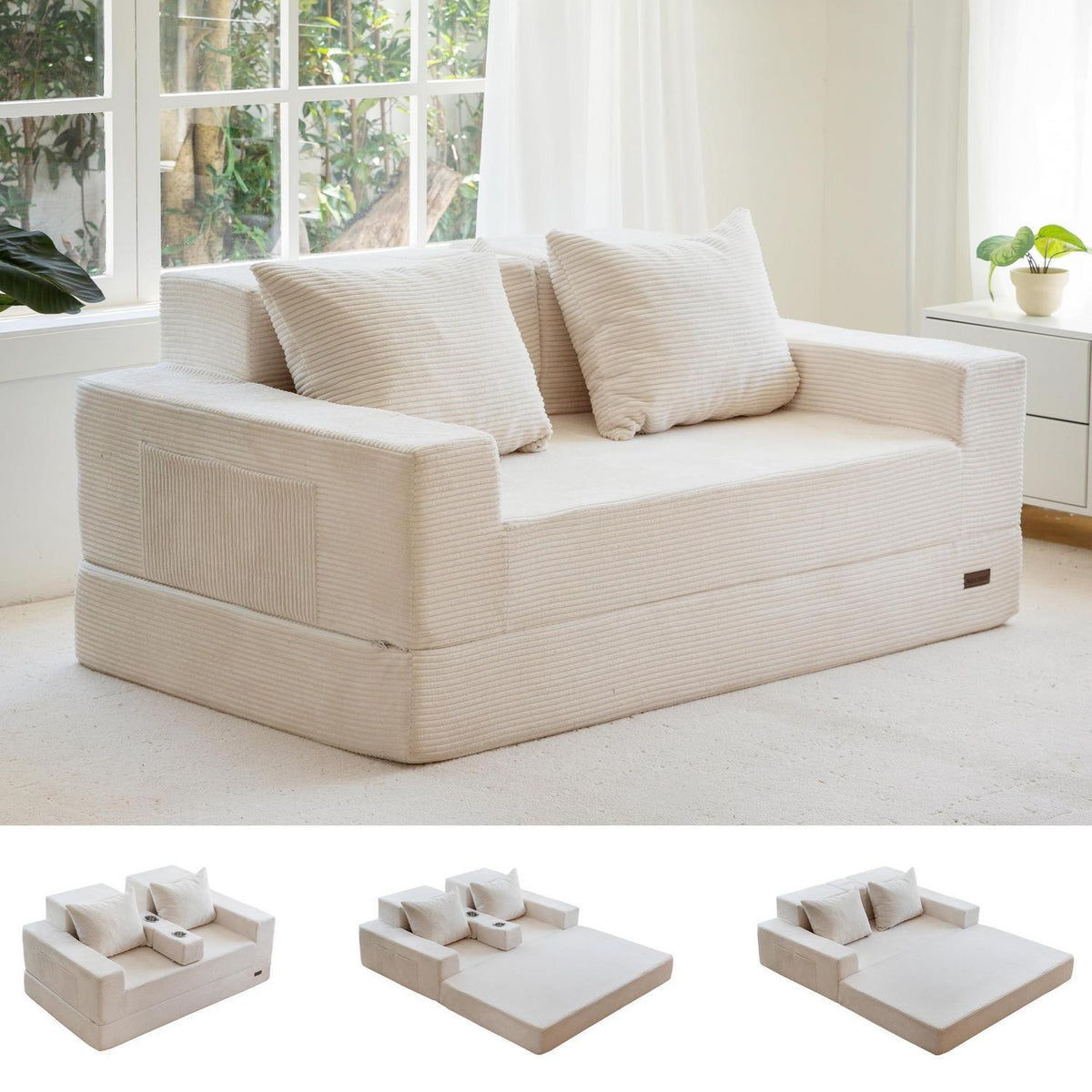 Bequemes Schlafsofa mit Cordstoff & Getränkehaltern