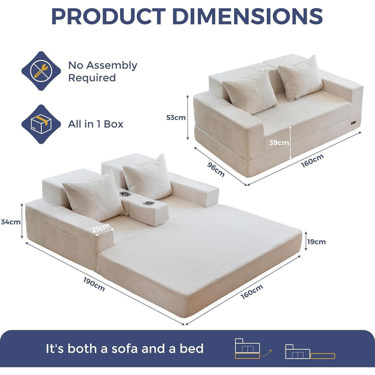 Bequemes Schlafsofa mit Cordstoff & Getränkehaltern