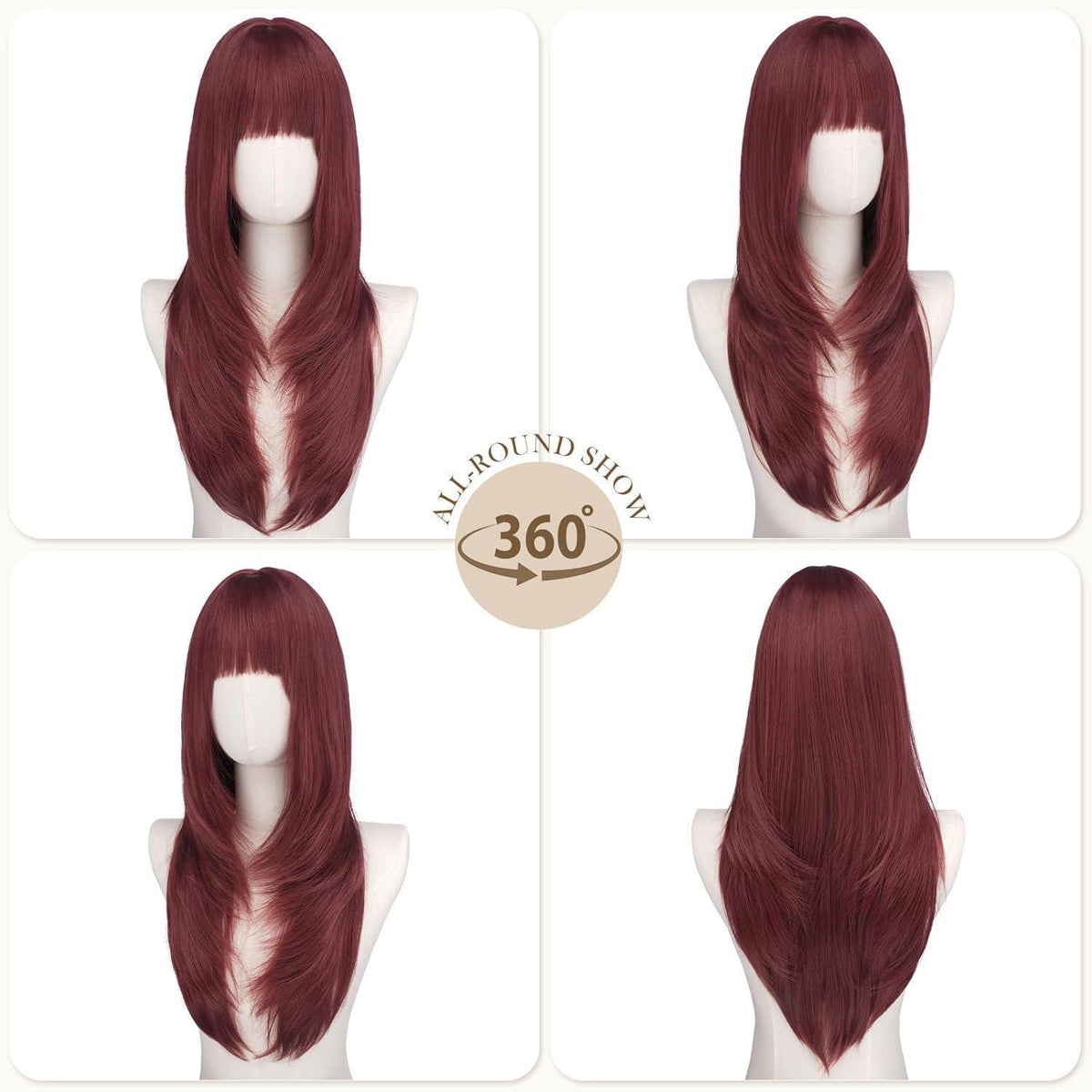 Burgunderrote Layer-Perücke mit Pony, 60cm – Synthetisch & Vielseitig