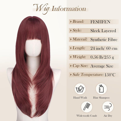Burgunderrote Layer-Perücke mit Pony, 60cm – Synthetisch & Vielseitig