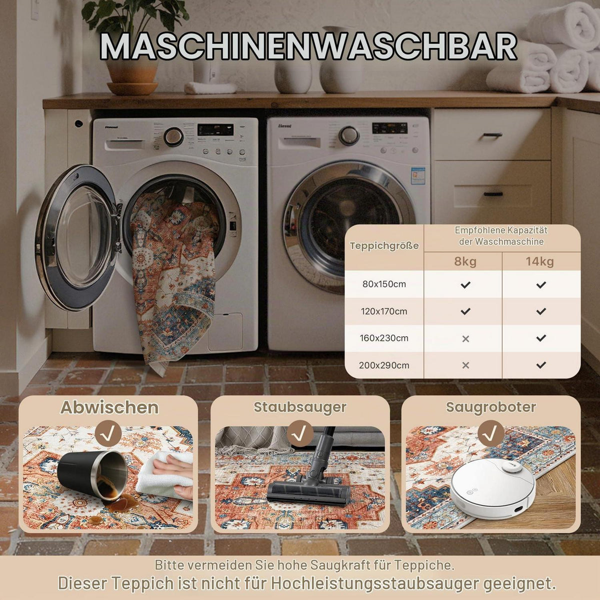Vintage Teppich 160x230cm – Waschbar & Rutschfest für Wohnzimmer