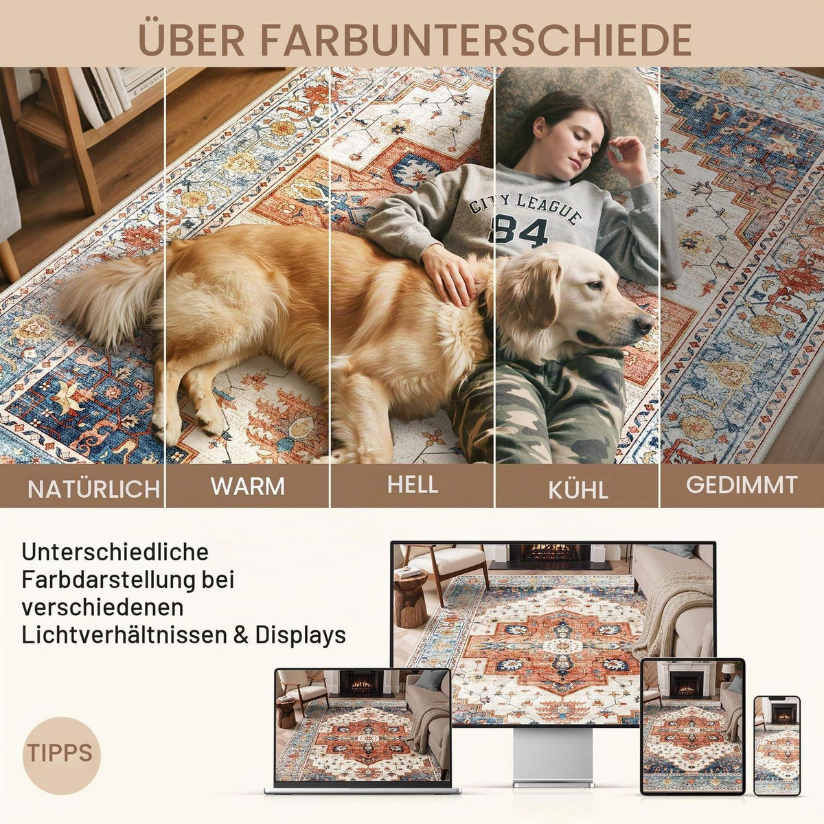 Vintage Teppich 160x230cm – Waschbar & Rutschfest für Wohnzimmer