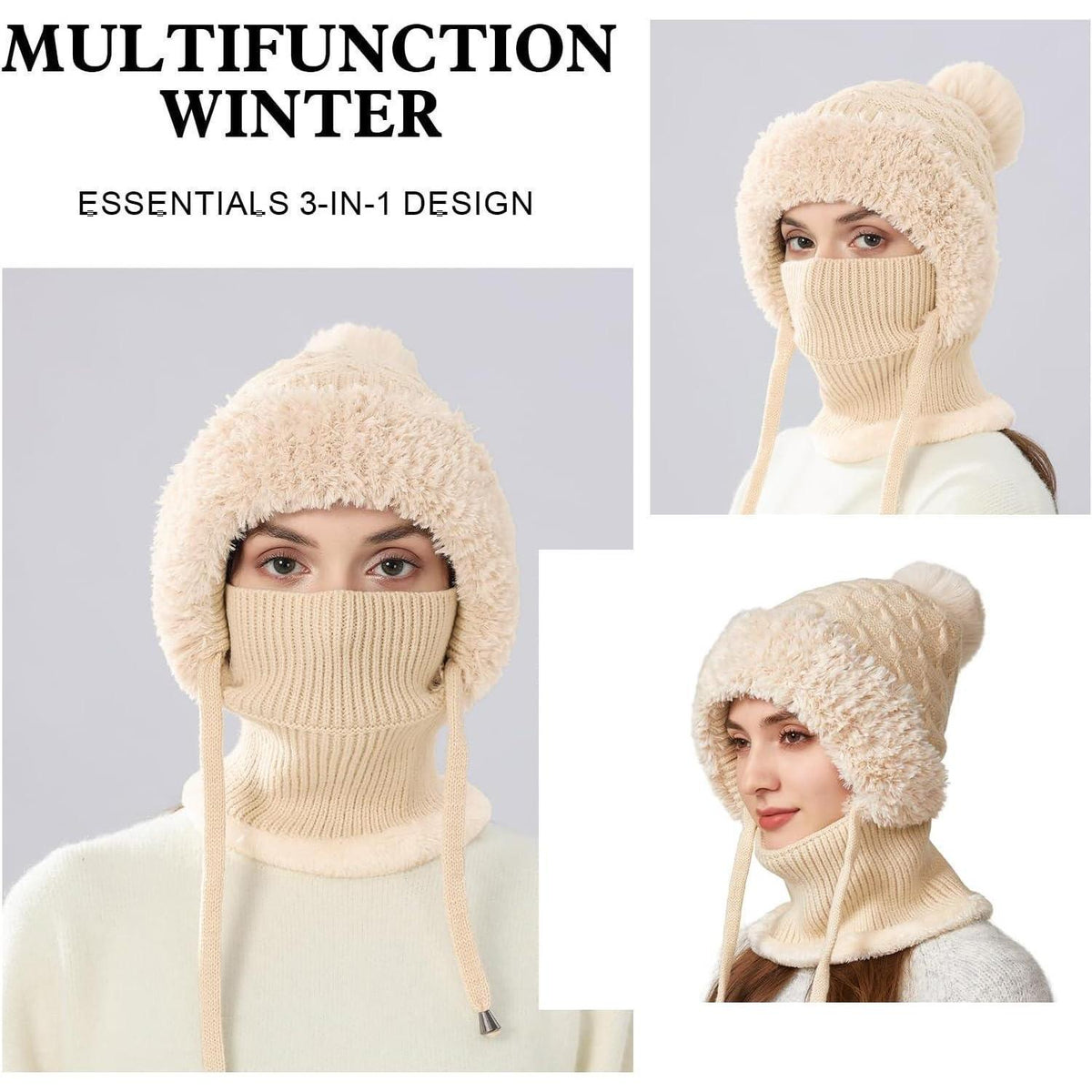 Winter Mütze Damen mit Schal & Gesichtsmaske – Warme Beanie mit Fleece
