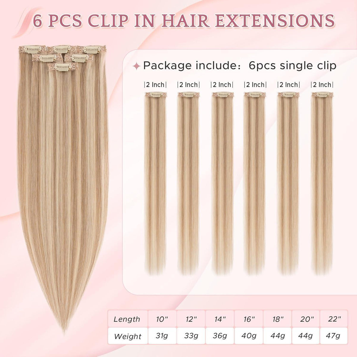 Echthaar Clip-in Extensions – Weissbraun/Hellblond #12p613, 35cm