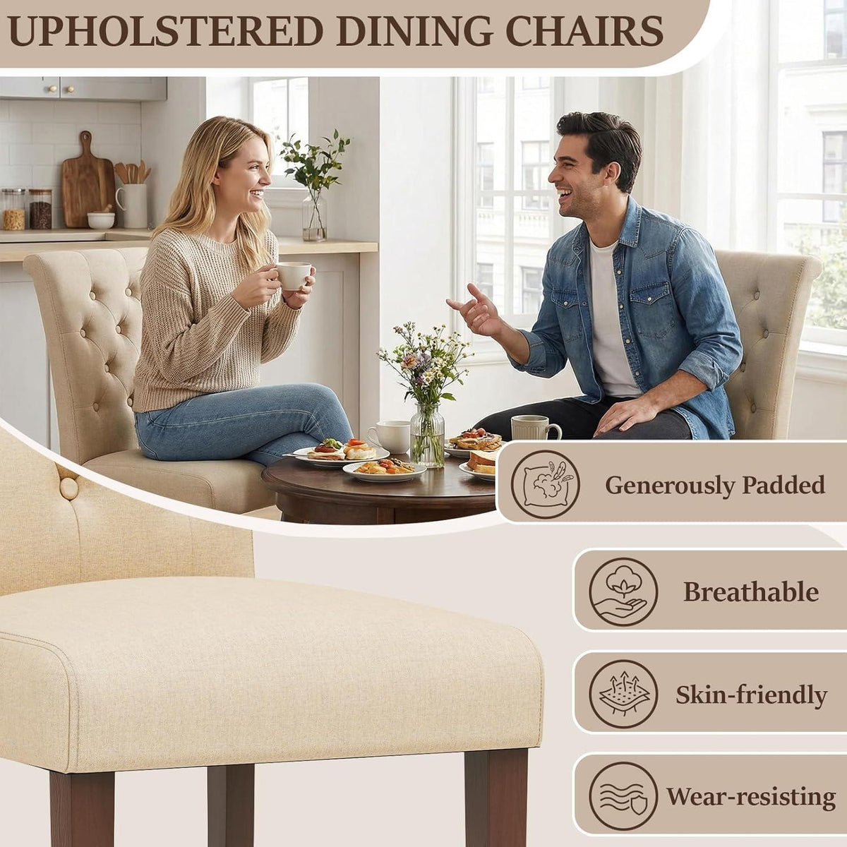 Gepolsterte Esszimmerstühle 2er Set, Beige, Chesterfield Stil