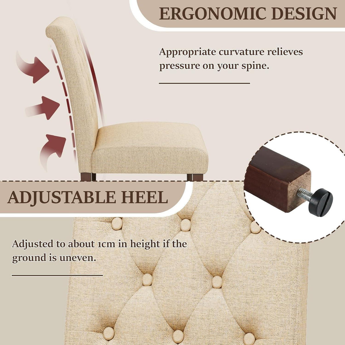 Gepolsterte Esszimmerstühle 2er Set, Beige, Chesterfield Stil