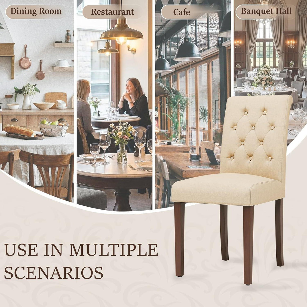 Gepolsterte Esszimmerstühle 2er Set, Beige, Chesterfield Stil