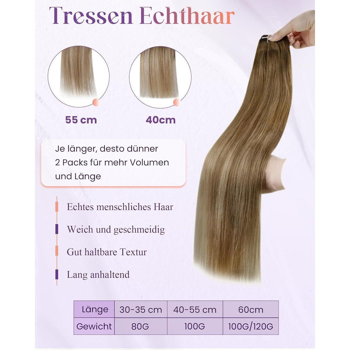 Echthaar Tressen Braun Ombre 60cm zum Einnähen