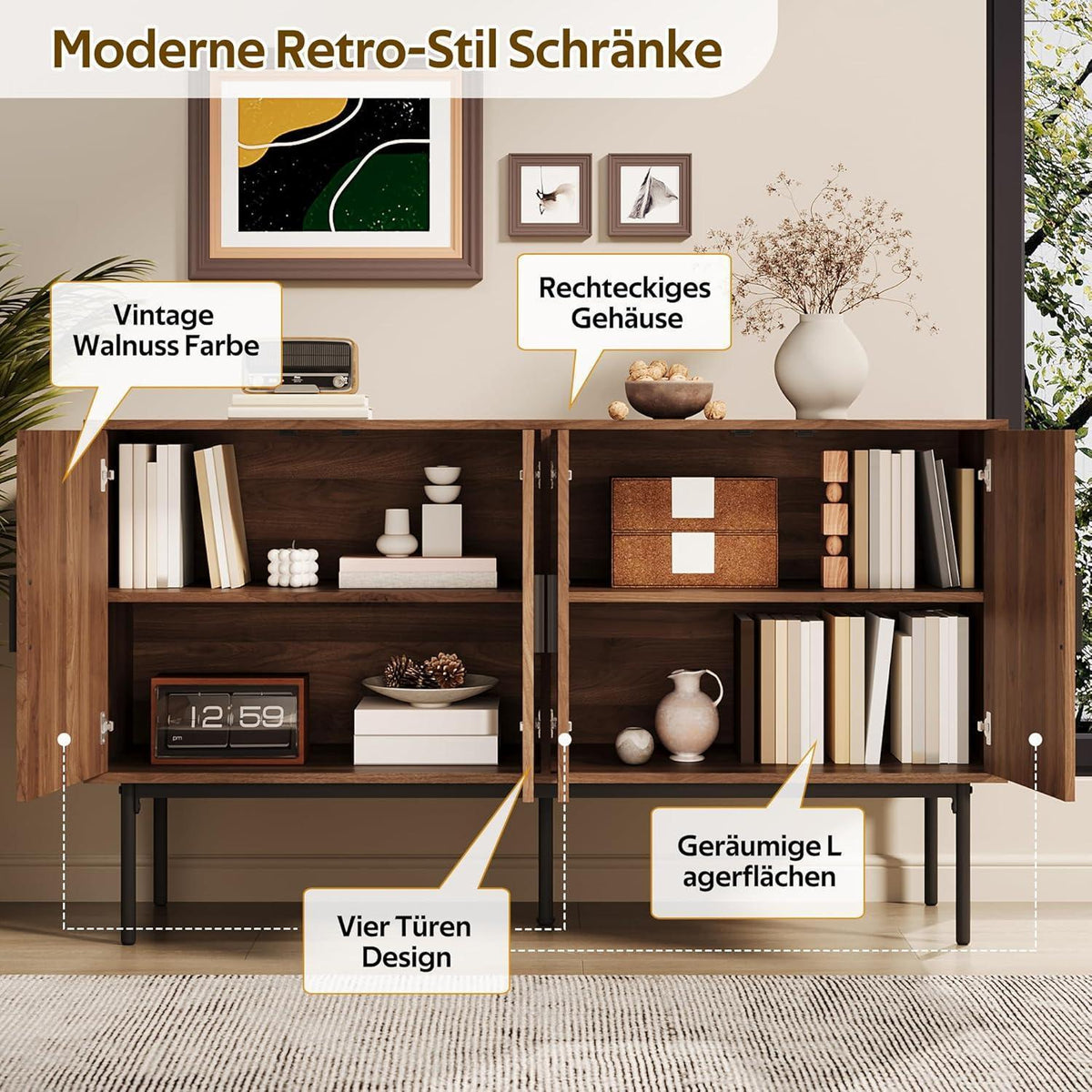 Sideboard mit 4 Türen & Stauraum – 140x40x80cm Holzoptik