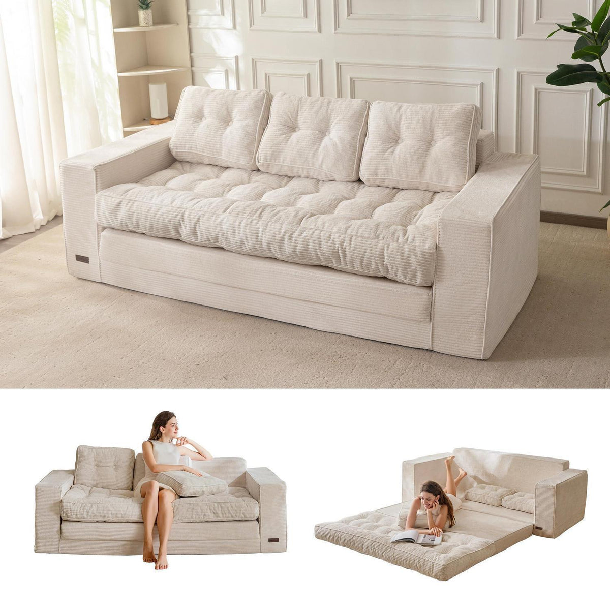 Klappsofa 190cm mit Schlaffunktion & Kissen – Off-White