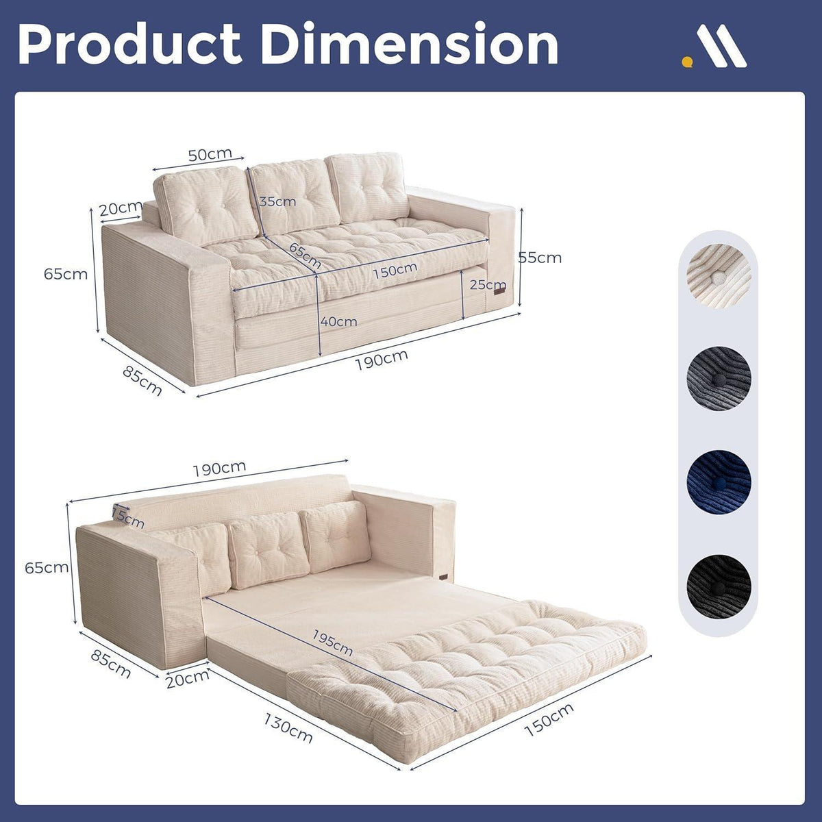 Klappsofa 190cm mit Schlaffunktion & Kissen – Off-White
