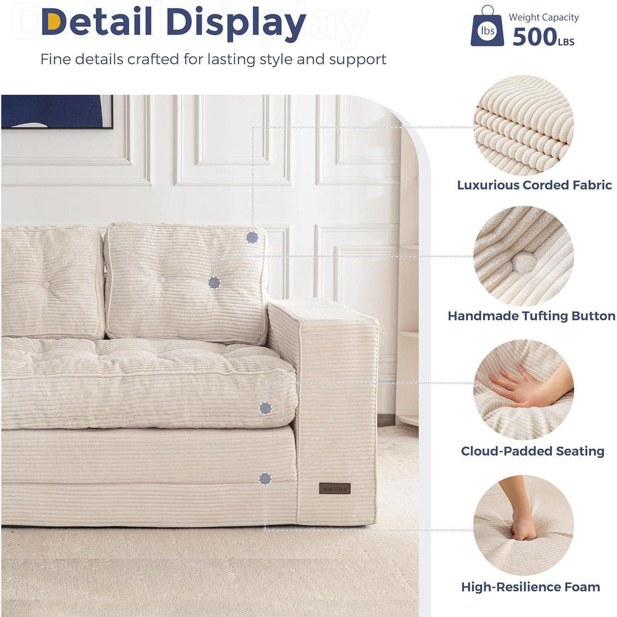 Klappsofa 190cm mit Schlaffunktion & Kissen – Off-White